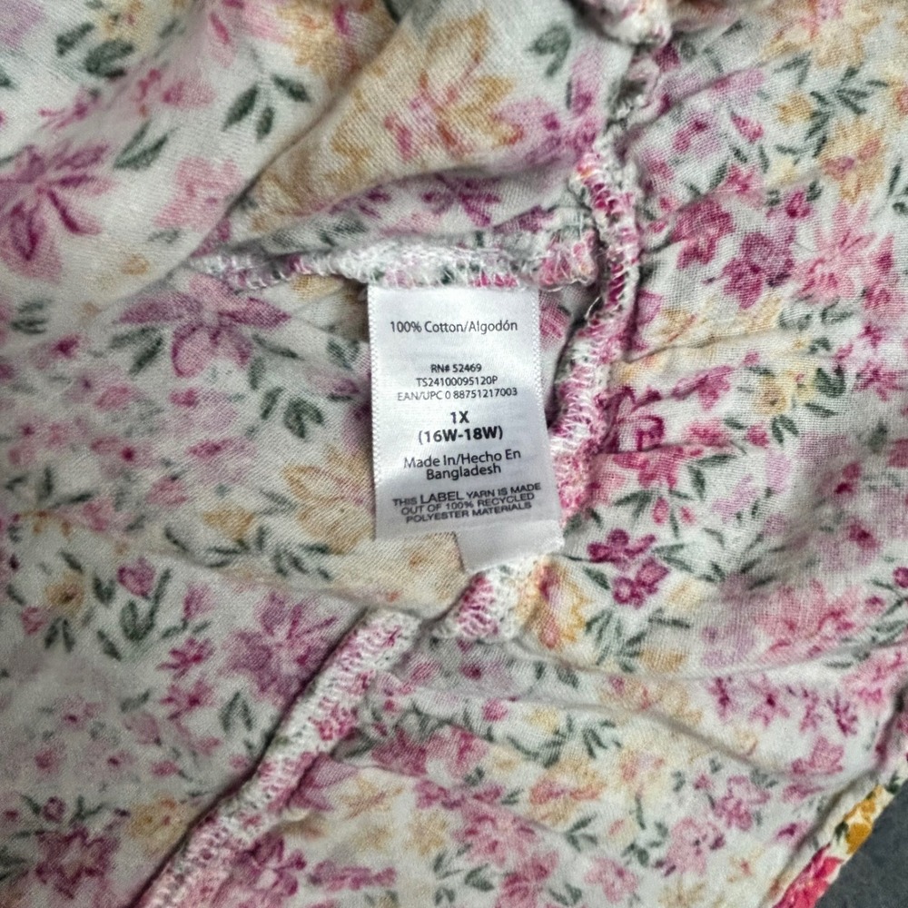 Terra & Sky Top Womens 1X Pink Floral Babydoll Tiered Cotton Short Sleeve Blouse - Picture 5 of 7